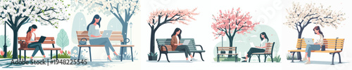 vector woman sitting on park bench in spring with a laptop