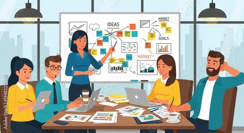 Business team brainstorming meeting with woman presenting ideas on whiteboard on transparent background