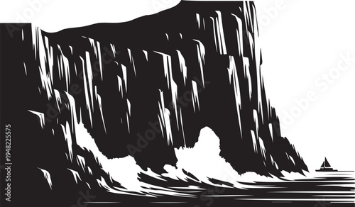 A dramatic black and white depiction of a cliffside waterfall and boat Vector, illustration