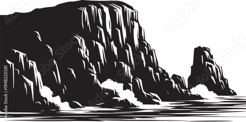 Majestic cliffs rising dramatically against a stormy ocean backdrop Vector, illustration