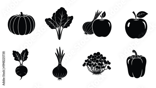 Collection of fresh fruits and vegetables icons in black silhouette style
