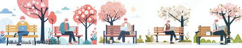 vector grandpa sitting on park bench in spring with a laptop