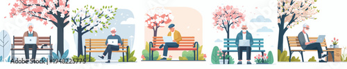 vector grandpa sitting on park bench in spring with a laptop