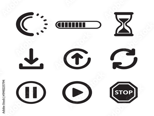Stylish loading interface icons with dynamic waiting and processing silhouette designs
