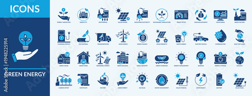 Green Energy - Icon Collection. Thin Flat Blue Set contains such Icons as biomass, solar Power, green hydrogen and more. Simple web icons set