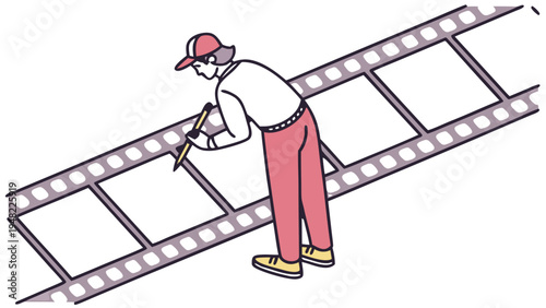 Artist Drawing on Film Strip in Isometric Style, A backend view of a storyboard artist in a cap sketching frames on a large film strip