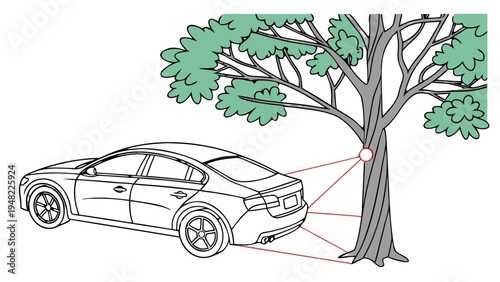 Sedan Reverse Parking Sensor Detecting a Tree trunk, Illustration of a sedan with sensors detecting the distance to a tree trunk during parking