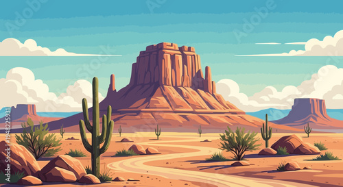 Pixel Art Desert Landscape with Monument Valley Rock Formations and Cacti