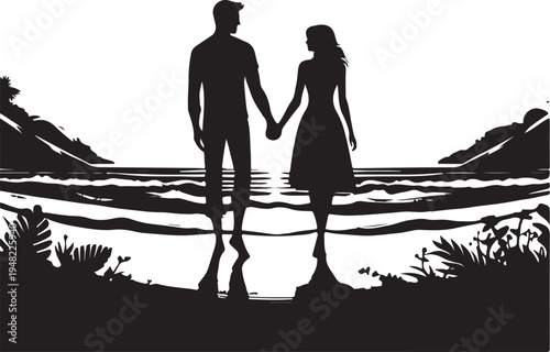Couple holding hands by a serene lakeside under a calm evening sky Vector, illustration
