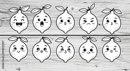 Cute Lemon Emoticons Set, Kawaii Fruit Faces with Various Emotions