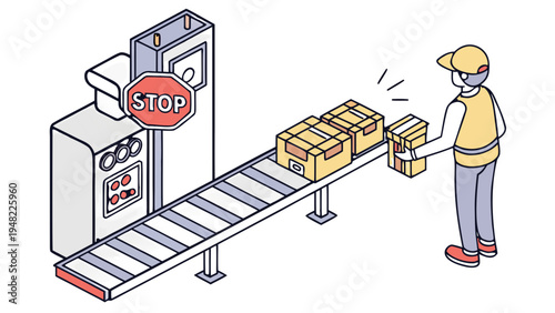 Factory Conveyor Belt System with Stopped Worker and Boxes,  Illustration of a detailed warehouse scene. A long metal conveyor belt transports several brown cardboard boxes. At the head of the belt