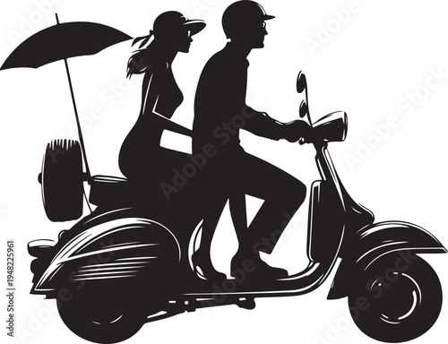Couple enjoying a ride on a vintage scooter under an umbrella Vector, illustration