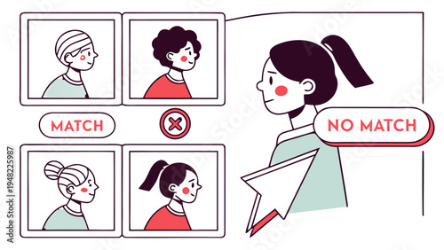Facial Recognition System Comparing Profiles for identity match, illustration of a facial recognition software analyzing multiple user profile pictures