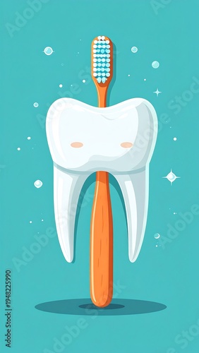 Tooth embraces a toothbrush, surrounded by bubbles, on a teal backdrop in cartoon style