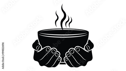 A steaming cup of coffee or tea being held by two hands in a cozy and inviting manner on a simple white background