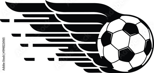 Flying soccer ball illustration with speed streaks and stylized wings for athletic sport event