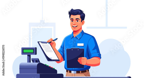 Smiling Male Cashier Holding Clipboard and Pen at Checkout Counter