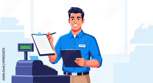 Smiling Store Clerk Holding Clipboard and Pen at Cash Register