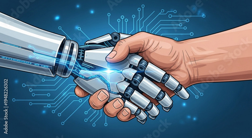 Human and robotic hand shaking on futuristic circuit background on transparent background