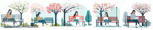 vector woman sitting on park bench in spring with a laptop