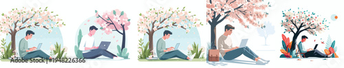 vector man sitting leaning under a tree in spring with a laptop