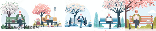 vector grandpa sitting on park bench in spring with a laptop