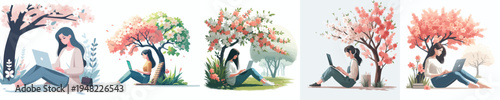 vector woman sitting leaning under a tree in spring with a laptop
