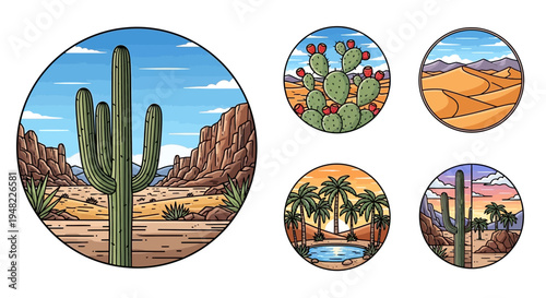 Desert Landscape Collection: Cacti, Dunes, Oasis, Sunset