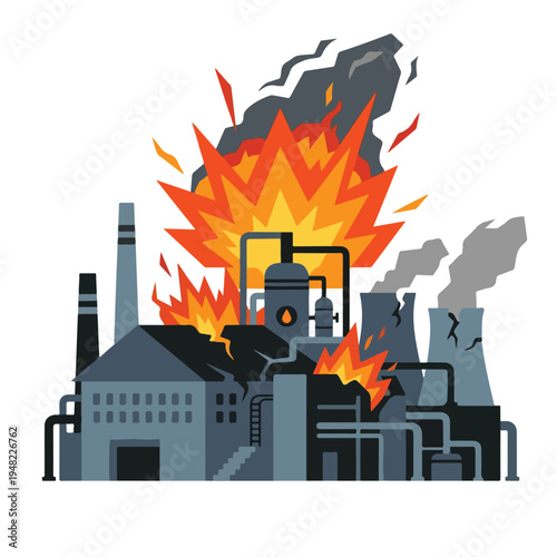vector flat illustration of a power plant burning due to a missile attack 04