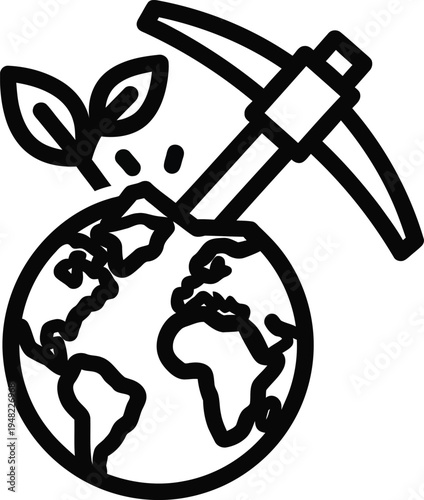 Eco friendly mining concept, pickaxe and globe with green leaf