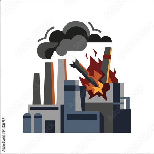 vector flat illustration of a power plant burning due to a missile attack 3