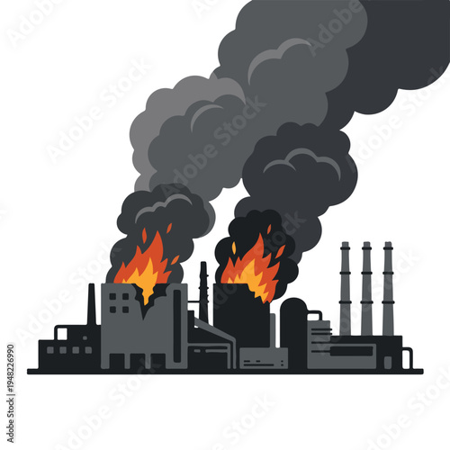 vector flat illustration of a power plant burning due to a missile attack 005