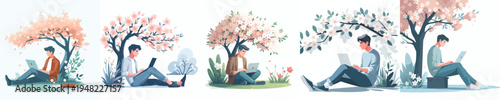 vector man sitting leaning under a tree in spring with a laptop