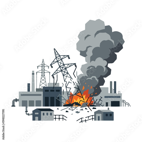 vector flat illustration of a power plant burning due to a missile attack 004