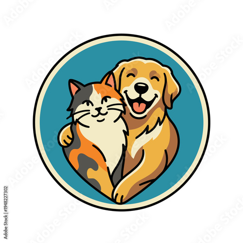 A heartwarming illustration of a smiling dog and cat embracing, symbolizing companionship, love, and harmony between pets in a friendly and inviting design.