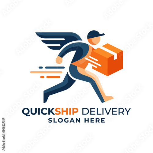 This energetic logo design portrays a swift delivery person carrying a package, symbolizing efficiency and speed, ideal for any quick shipping and logistics business.