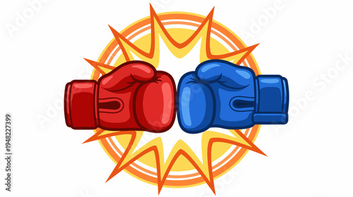 This dynamic image features red and blue boxing gloves poised against a starburst background, symbolizing competition, sportsmanship, and the spirit of fighting.