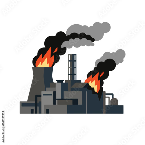 vector flat illustration of a power plant burning due to a missile attack 001
