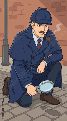 A detective kneels on a cobblestone street, wearing a classic coat and hat, holding a magnifying glass, embodying mystery and the art of investigation.