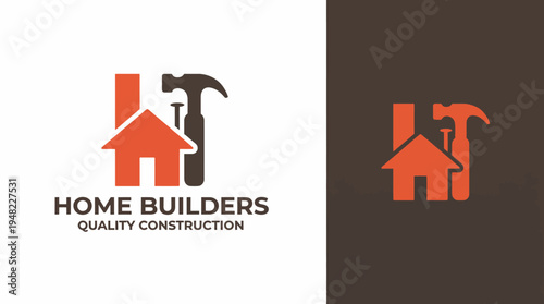 A modern logo representing home builders with a hammer and house silhouette, symbolizing craftsmanship, quality construction, and residential development.