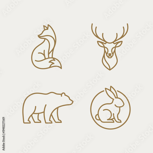 An elegant collection of stylized animal icons including a fox, deer, bear, and rabbit, presenting a modern and minimalistic approach to nature-inspired branding and design.