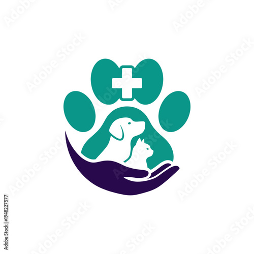 An illustrative logo for a veterinary service featuring a hand holding a dog and cat within a paw print layout, representing compassion and care for animals effectively.