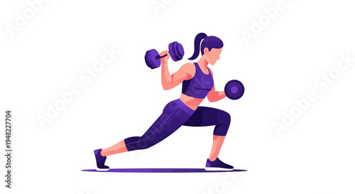 Illustration of a woman in a lunge position holding dumbbells in a dynamic fitness pose with a strong and energetic mood