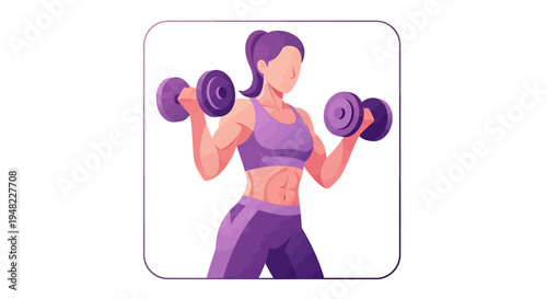 A woman in purple workout gear lifting dumbbells in a fitness illustration with a strong and healthy mood