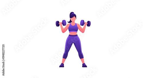 A woman in purple workout attire lifting dumbbells in a fitness pose against a clean white background