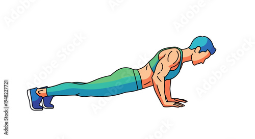 Illustration of a fit man in a push-up position with dumbbells nearby, wearing colorful workout gear on a clean white background