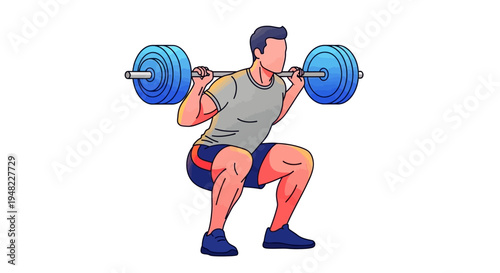 A man in athletic attire performing a squat with a barbell in a fitness training setting with a focus on physical strength and healthy living