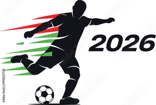 Silhouette of soccer player kicking ball 2026 celebration dynamic motion with colorful streaks