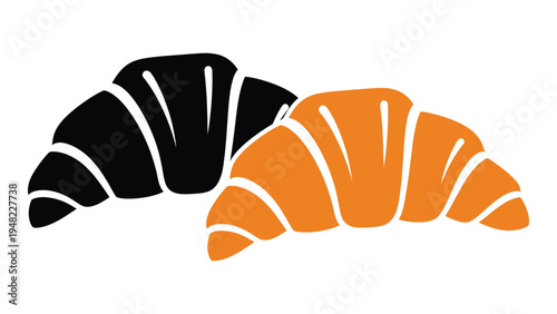 A stylized illustration of two croissants, one black and one orange, showcasing a modern and minimalist design for a bakery or food brand, highlighting the flaky pastry and crescent shape
