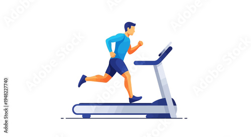 Vector illustration of a man running on a treadmill in a fitness training setting with a focus on healthy living and physical strength